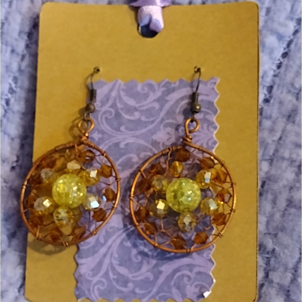 Yellow brass beaded copper dangle hoop earrings jewelry gift ooak wedding
